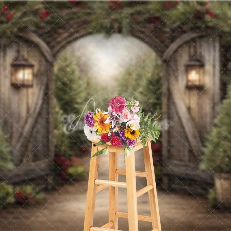 Aperturee - Aperturee Rustic Winter Garden Gate Backdrop Snowy Pine Tree Path Photography Background