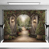 Aperturee - Aperturee Rustic Winter Garden Gate Backdrop Snowy Pine Tree Path Photography Background