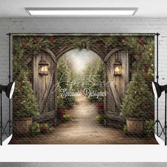 Aperturee - Aperturee Rustic Winter Garden Gate Backdrop Snowy Pine Tree Path Photography Background