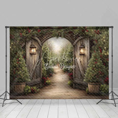 Aperturee - Aperturee Rustic Winter Garden Gate Backdrop Snowy Pine Tree Path Photography Background