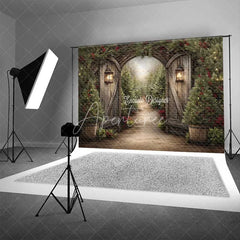 Aperturee - Aperturee Rustic Winter Garden Gate Backdrop Snowy Pine Tree Path Photography Background