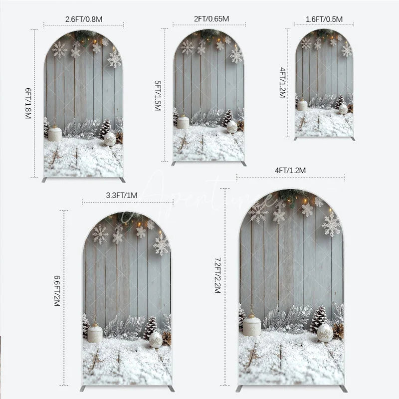 Aperturee - Aperturee Rustic Winter Holiday Arch Backdrop Snowy Wood Background with Flocked Pinecones Farmhouse Christmas Decor