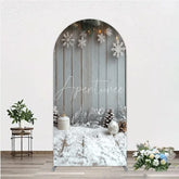 Aperturee - Aperturee Rustic Winter Holiday Arch Backdrop Snowy Wood Background with Flocked Pinecones Farmhouse Christmas Decor