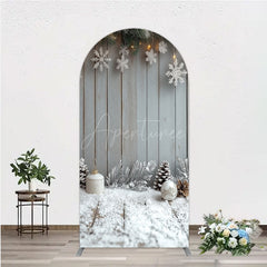 Aperturee - Aperturee Rustic Winter Holiday Arch Backdrop Snowy Wood Background with Flocked Pinecones Farmhouse Christmas Decor