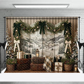 Aperturee - Aperturee Rustic Winter Holiday Backdrop with Snowy Mountain Landscape Flocked Christmas Trees and Elegant Garland Decor