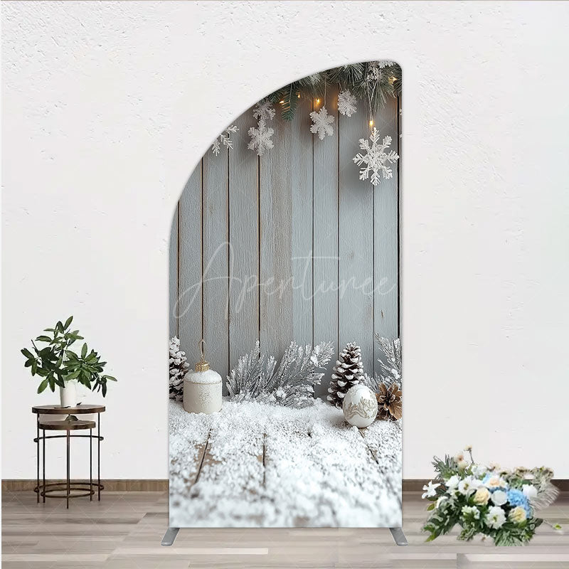 Aperturee - Aperturee Rustic Winter Holiday Half Moon Arch Backdrop Snowy Wood Background with Flocked Pinecones Farmhouse Christmas Decor