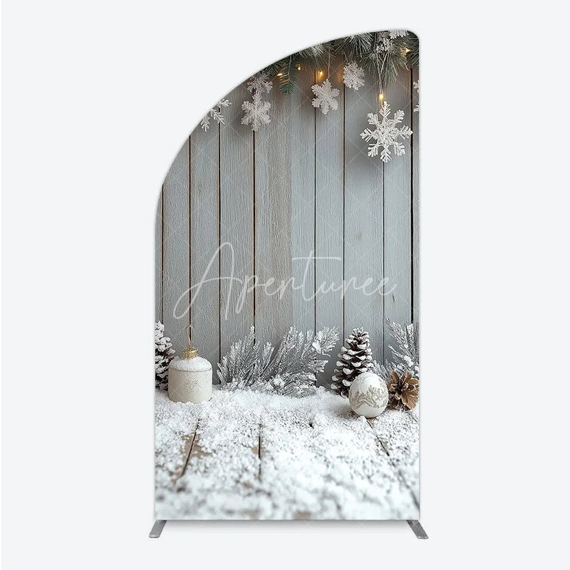 Aperturee - Aperturee Rustic Winter Holiday Half Moon Arch Backdrop Snowy Wood Background with Flocked Pinecones Farmhouse Christmas Decor