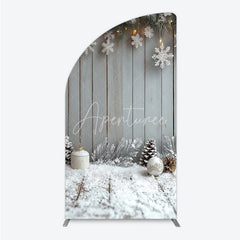 Aperturee - Aperturee Rustic Winter Holiday Half Moon Arch Backdrop Snowy Wood Background with Flocked Pinecones Farmhouse Christmas Decor