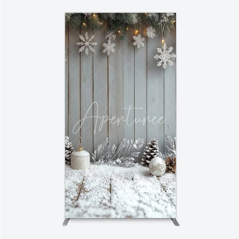 Aperturee - Aperturee Rustic Winter Holiday Rectangle Backdrop Snowy Wood Background with Flocked Pinecones Farmhouse Christmas Decor