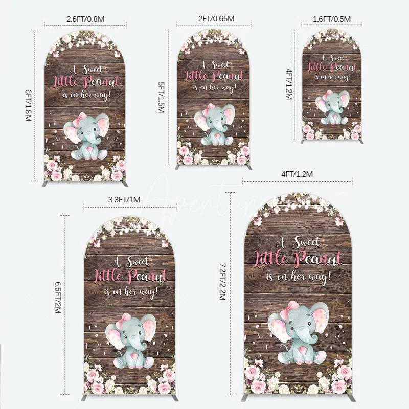 Aperturee - Aperturee Rustic Wood and Floral Little Peanut Arch Backdrop Pink Rose Elephant Baby Shower Decoration