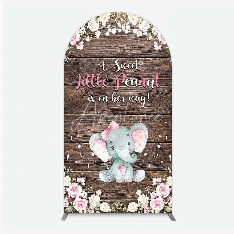 Aperturee - Aperturee Rustic Wood and Floral Little Peanut Arch Backdrop Pink Rose Elephant Baby Shower Decoration