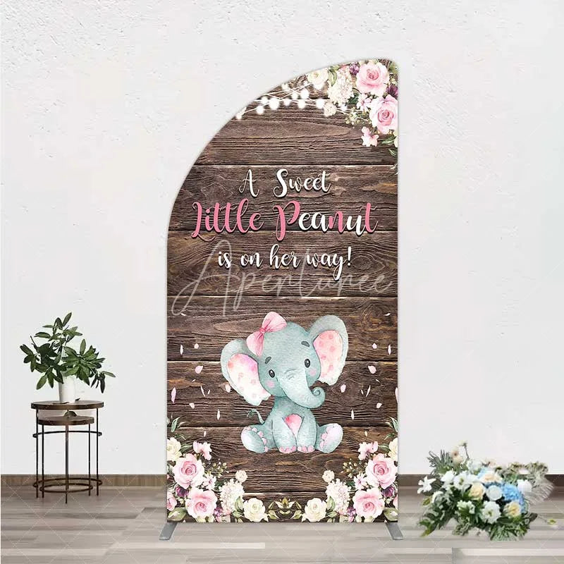 Aperturee - Aperturee Rustic Wood and Floral Little Peanut Half Moon Arch Backdrop Pink Rose Elephant Baby Shower Decoration