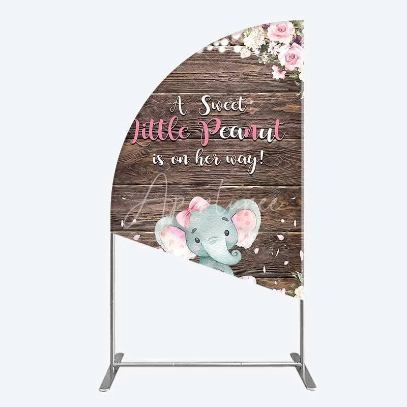 Aperturee - Aperturee Rustic Wood and Floral Little Peanut Half Moon Arch Backdrop Pink Rose Elephant Baby Shower Decoration