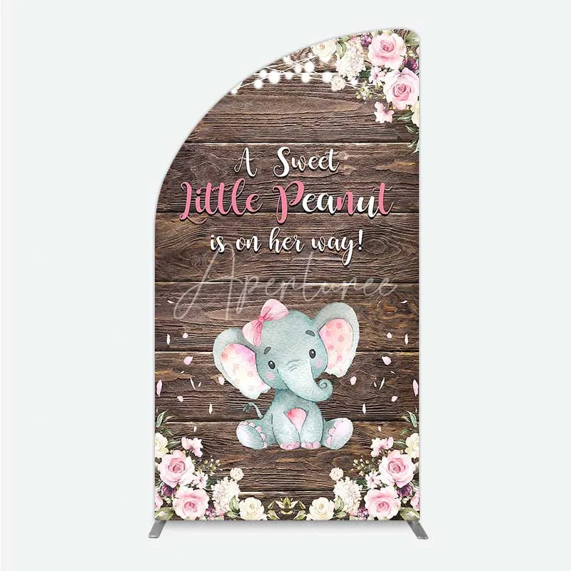 Aperturee - Aperturee Rustic Wood and Floral Little Peanut Half Moon Arch Backdrop Pink Rose Elephant Baby Shower Decoration