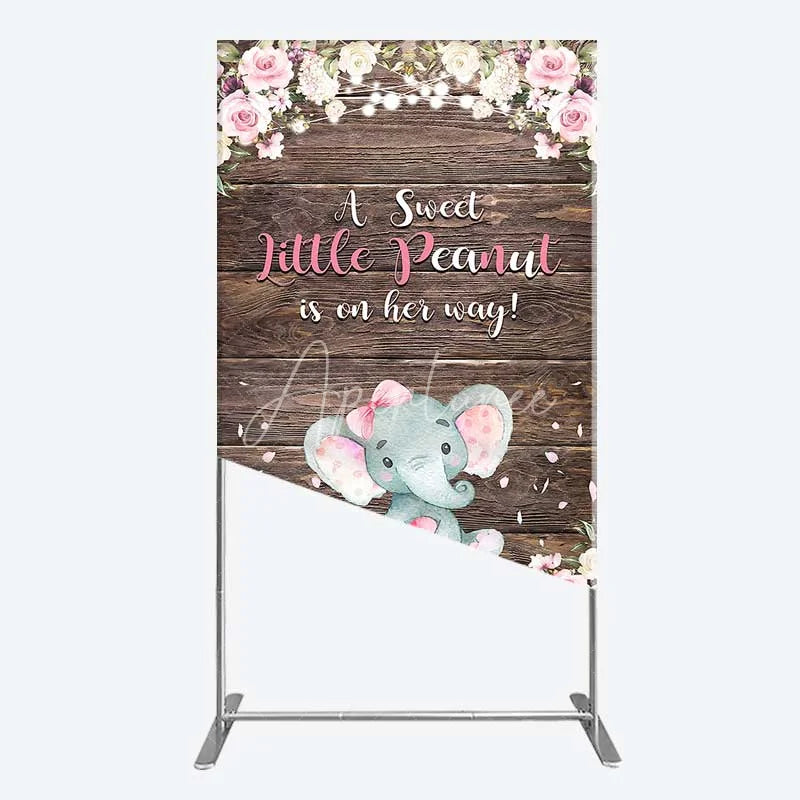 Aperturee - Aperturee Rustic Wood and Floral Little Peanut Rectangle Backdrop Pink Rose Elephant Baby Shower Decoration