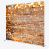 Aperturee - Aperturee Rustic Wood and String Lights Tension Fabric Backdrop Brown Wooden Planks with Warm Sparkles Background Event Decor