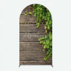 Aperturee - Aperturee Rustic Wood Arch Backdrop Dark Brown Wooden Planks with Green Ivy Leaves Background Wedding and Garden Party Decor