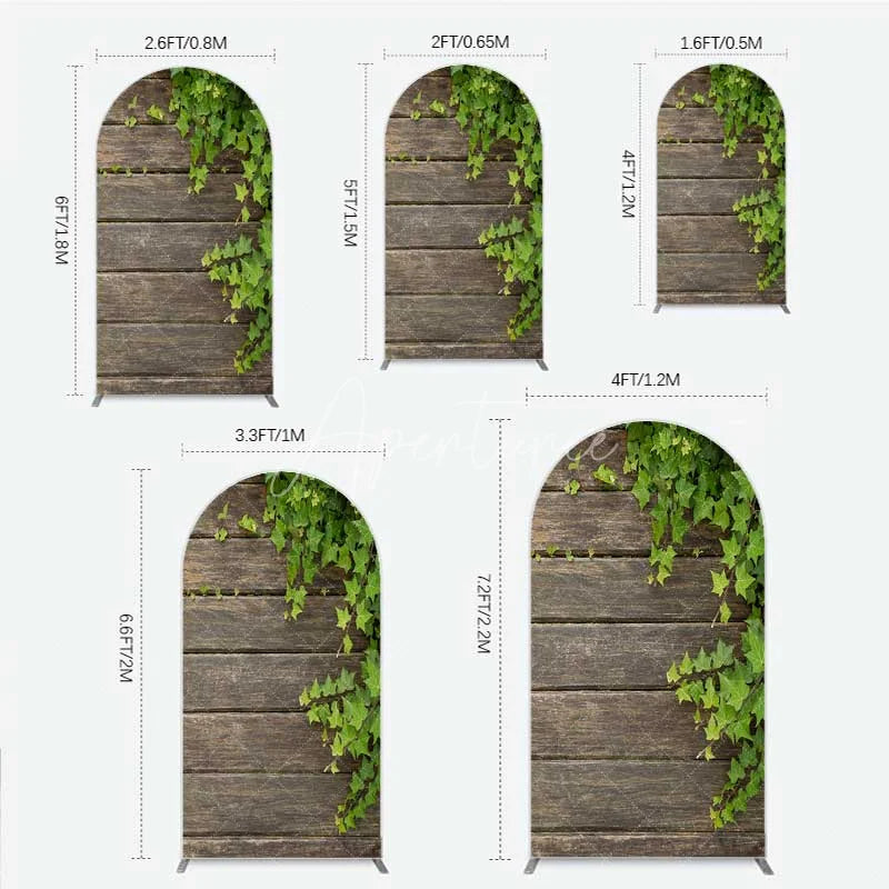 Aperturee - Aperturee Rustic Wood Arch Backdrop Dark Brown Wooden Planks with Green Ivy Leaves Background Wedding and Garden Party Decor