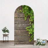 Aperturee - Aperturee Rustic Wood Arch Backdrop Dark Brown Wooden Planks with Green Ivy Leaves Background Wedding and Garden Party Decor