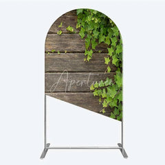 Aperturee - Aperturee Rustic Wood Arch Backdrop Dark Brown Wooden Planks with Green Ivy Leaves Background Wedding and Garden Party Decor