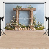 Aperturee - Aperturee Rustic Wood Arch Easter Combo Set Backdrop Spring Blossoms and Wooden Eggs Photography Studio Background