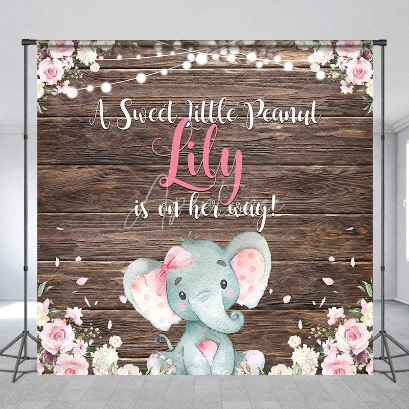 Aperturee - Aperturee Rustic Wood Baby Elephant Custom Backdrop with Pink Flowers A Sweet Little Peanut is on Her Way Baby Shower Decor