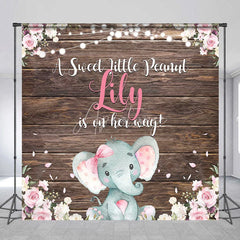 Aperturee - Aperturee Rustic Wood Baby Elephant Custom Backdrop with Pink Flowers A Sweet Little Peanut is on Her Way Baby Shower Decor