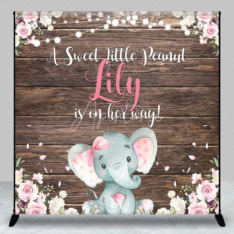 Aperturee - Aperturee Rustic Wood Baby Elephant Custom Backdrop with Pink Flowers A Sweet Little Peanut is on Her Way Baby Shower Decor