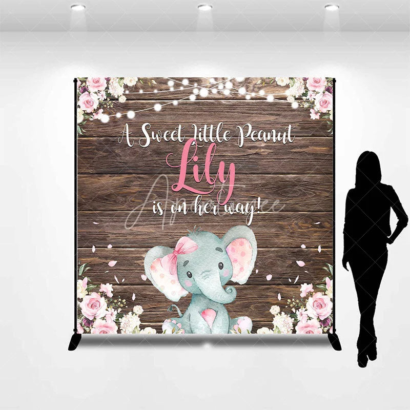 Aperturee - Aperturee Rustic Wood Baby Elephant Custom Backdrop with Pink Flowers A Sweet Little Peanut is on Her Way Baby Shower Decor