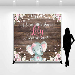 Aperturee - Aperturee Rustic Wood Baby Elephant Custom Backdrop with Pink Flowers A Sweet Little Peanut is on Her Way Baby Shower Decor