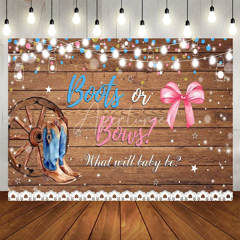 Aperturee - Aperturee Rustic Wood Boots or Bows Gender Reveal Backdrop Western Cowboy Cowgirl Baby Shower Background String Lights Decor