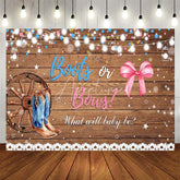 Aperturee - Aperturee Rustic Wood Boots or Bows Gender Reveal Backdrop Western Cowboy Cowgirl Baby Shower Background String Lights Decor