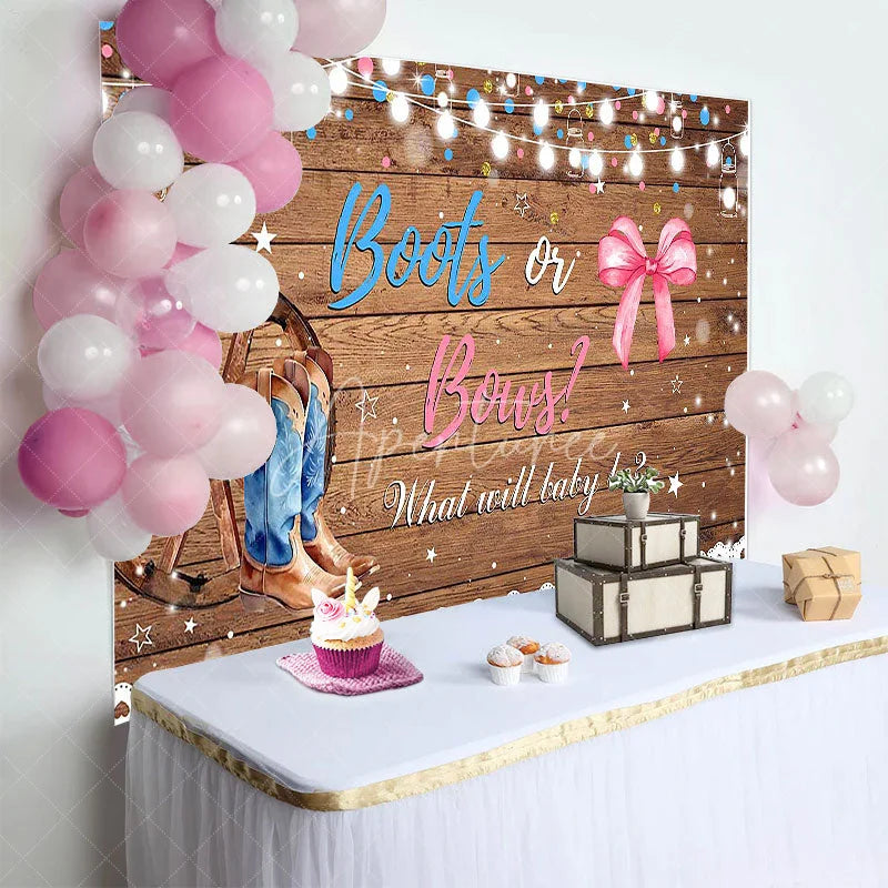 Aperturee - Aperturee Rustic Wood Boots or Bows Gender Reveal Backdrop Western Cowboy Cowgirl Baby Shower Background String Lights Decor