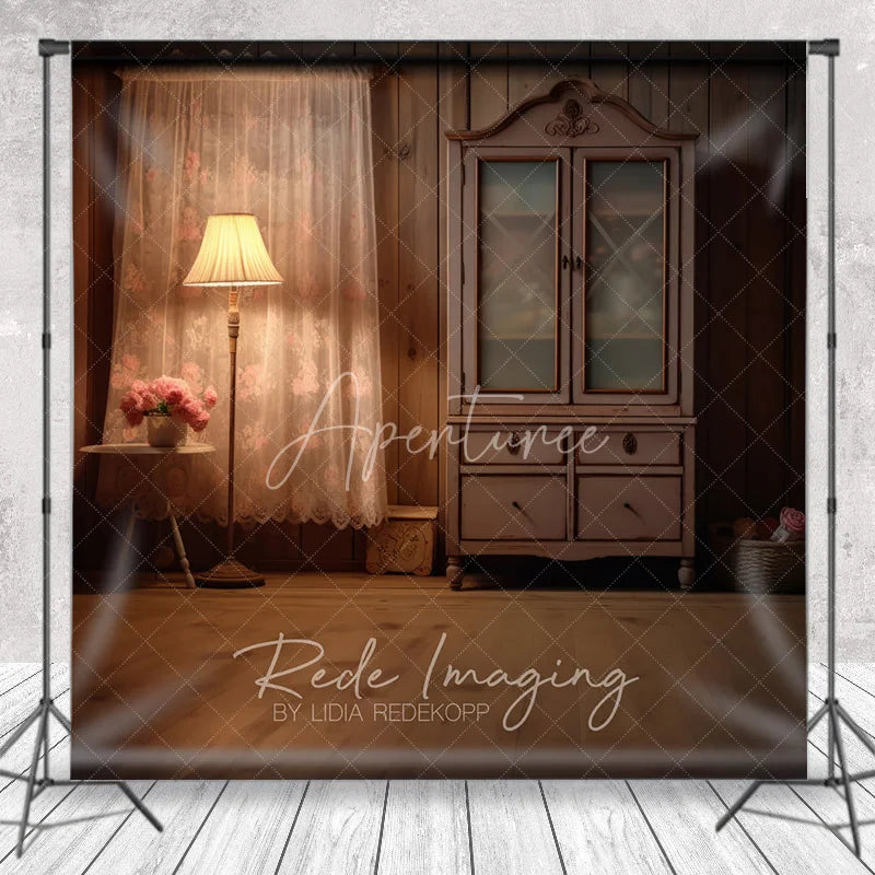 Aperturee - Aperturee Rustic Wood Cabin Interior Photography Backdrop Vintage Cabinet and Lamp Studio Background