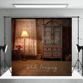 Aperturee - Aperturee Rustic Wood Cabin Interior Photography Backdrop Vintage Cabinet and Lamp Studio Background