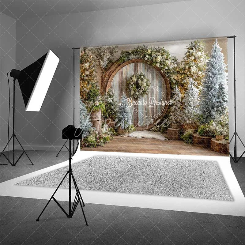 Aperturee - Aperturee Rustic Wood Circle Christmas Backdrop Winter Forest Snowy Tree Photography Background