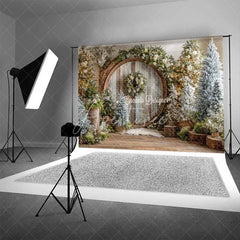 Aperturee - Aperturee Rustic Wood Circle Christmas Backdrop Winter Forest Snowy Tree Photography Background