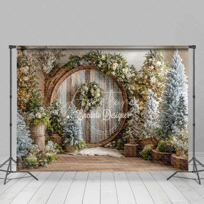 Aperturee - Aperturee Rustic Wood Circle Christmas Backdrop Winter Forest Snowy Tree Photography Background