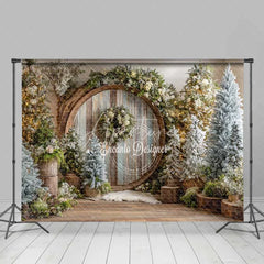 Aperturee - Aperturee Rustic Wood Circle Christmas Backdrop Winter Forest Snowy Tree Photography Background
