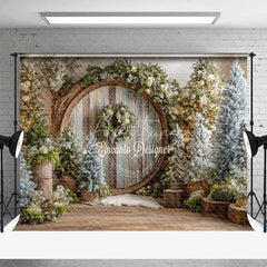 Aperturee - Aperturee Rustic Wood Circle Christmas Backdrop Winter Forest Snowy Tree Photography Background