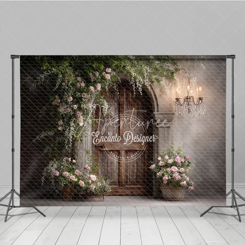 Aperturee - Aperturee Rustic Wood Door Photography Backdrop Climbing Pink Roses and Chandelier Farmhouse Wedding Photo Background