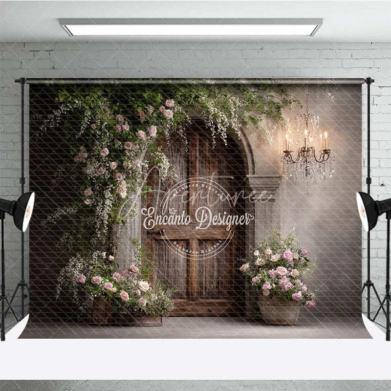 Aperturee - Aperturee Rustic Wood Door Photography Backdrop Climbing Pink Roses and Chandelier Farmhouse Wedding Photo Background