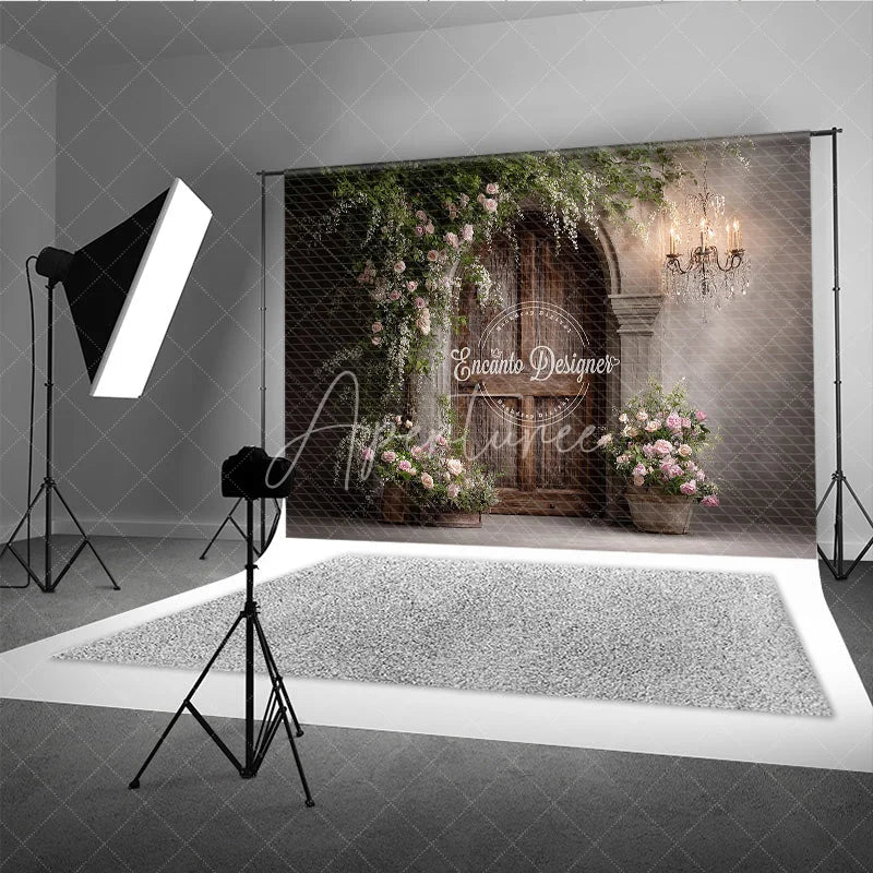 Aperturee - Aperturee Rustic Wood Door Photography Backdrop Climbing Pink Roses and Chandelier Farmhouse Wedding Photo Background