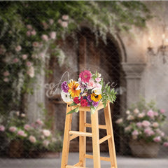 Aperturee - Aperturee Rustic Wood Door Photography Backdrop Climbing Pink Roses and Chandelier Farmhouse Wedding Photo Background