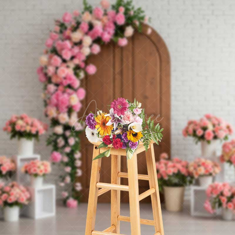 Aperturee Aperturee Rustic Wood Door Photography Backdrop White Brick Wall with Pink Rose Arch Romantic Wedding or Bridal Shower Decor