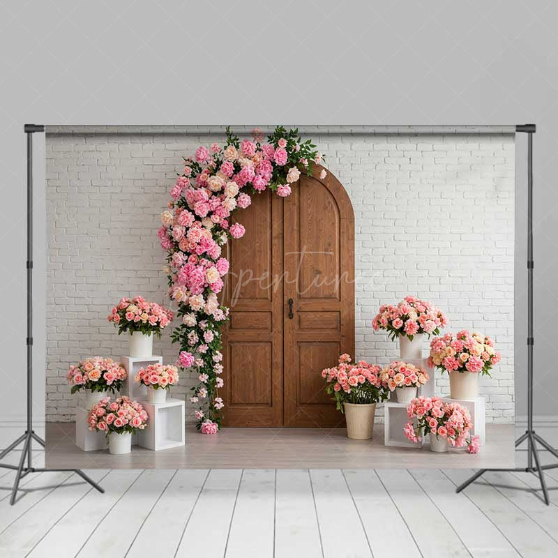 Aperturee Aperturee Rustic Wood Door Photography Backdrop White Brick Wall with Pink Rose Arch Romantic Wedding or Bridal Shower Decor