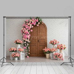 Aperturee Aperturee Rustic Wood Door Photography Backdrop White Brick Wall with Pink Rose Arch Romantic Wedding or Bridal Shower Decor
