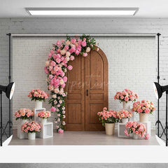 Aperturee Aperturee Rustic Wood Door Photography Backdrop White Brick Wall with Pink Rose Arch Romantic Wedding or Bridal Shower Decor
