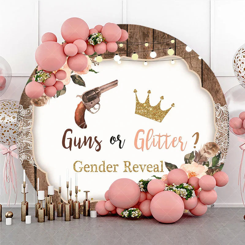 Aperturee - Aperturee Rustic Wood Gender Reveal Round Backdrop Cowboy or Princess Theme Floral Gold Glitter
