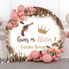 Aperturee - Aperturee Rustic Wood Gender Reveal Round Backdrop Cowboy or Princess Theme Floral Gold Glitter